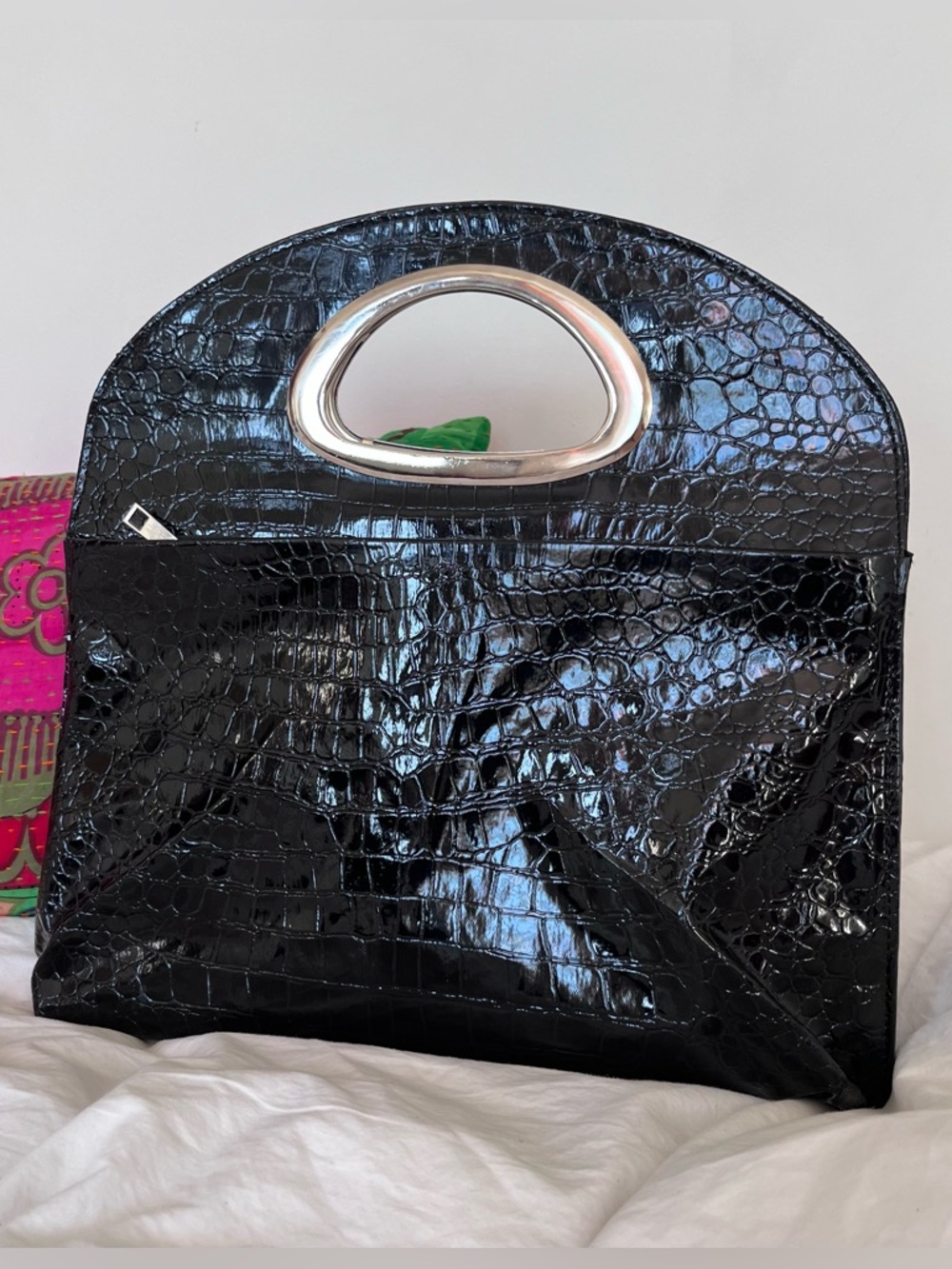 Black 90s PVC embossed croc handbag with large oval metal handle